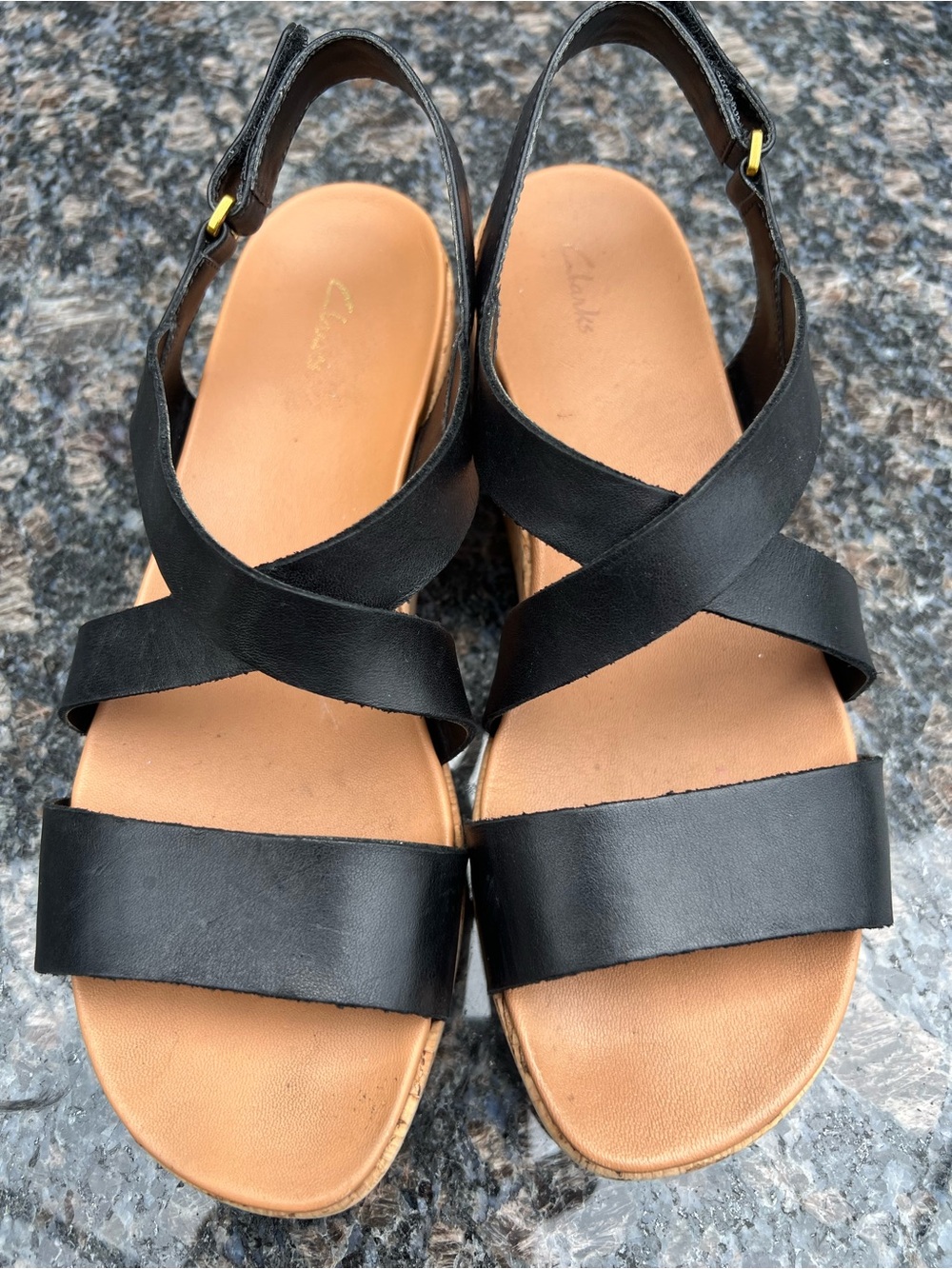 Clarks Black Leather Cross-Strap Slingback Sandals with Tan Footbed